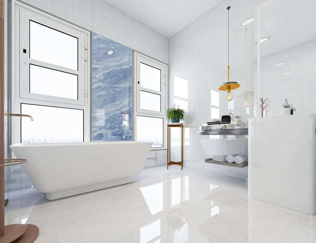 3D rendering, modern residential clean bathroom design, with washbasins, mirrors, toilets, shower equipment and bathtubs, the sun shines in from the floor window.
