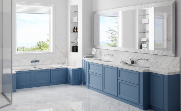 white / blue bathroom with washstand and bathtube. Bathroom Remodeling And Plumbing