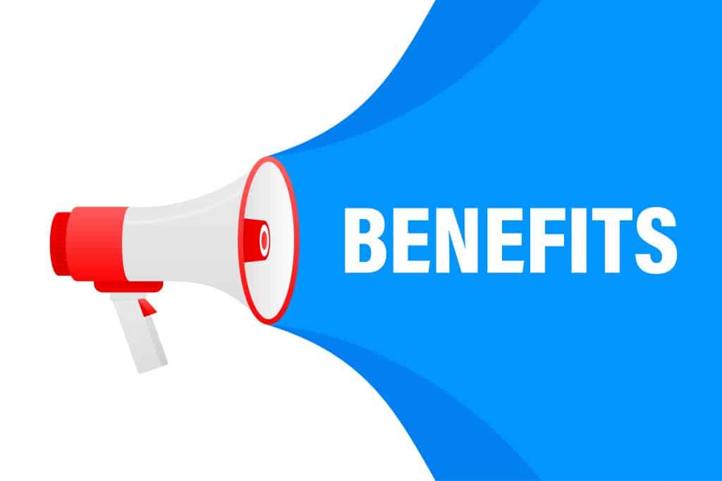 A megaphone and 'Benefits' written on a blue banner with a white background.