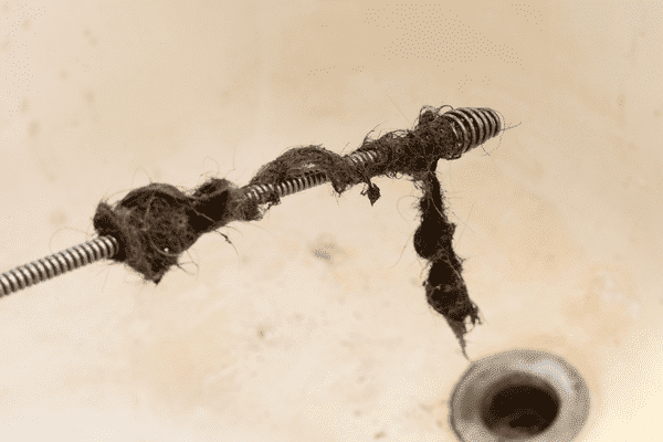 The tip of a hand drain snake covered in hair.