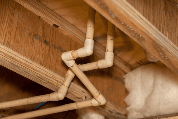 Older CPVC pipes run along a basement ceiling.
