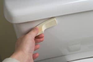 A person pulls the handle to test a toilet flush.
