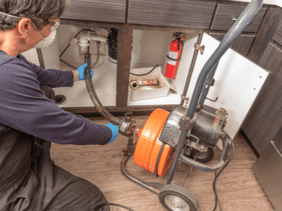 A plumber uses an auger to unclog a kitchen sink.