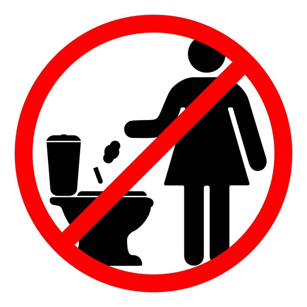 Prevent toilet clogs by posting a sign prohibiting the disposal of paper, sanitary pads, and tampons in the toilet, courtesy of Benjamin Franklin Plumbing of Dallas, TX.