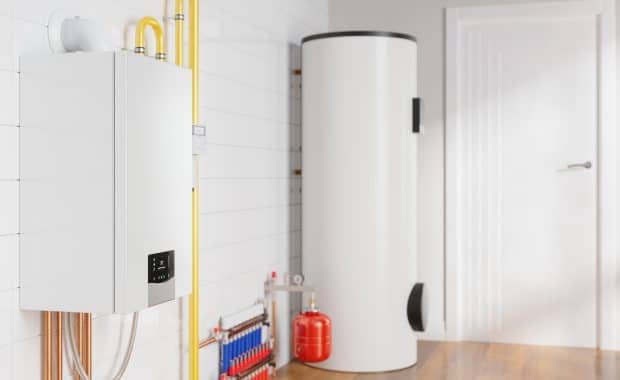 Side view of tankless non-condensing water heater boiler system in the bathroom.
