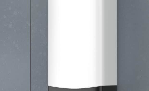 Electric square-shaped tankless water heater in the bathroom.