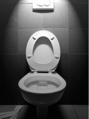 An open toilet under a spotlight.