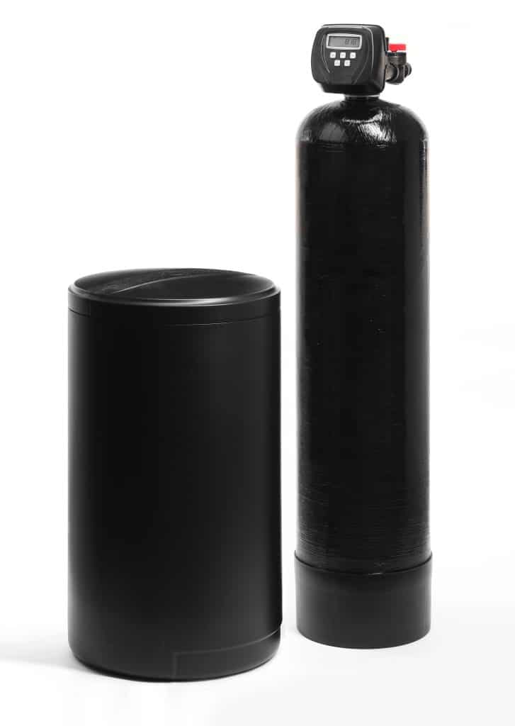A black ion exchange-style water softener system with a brine tank, on a white background.