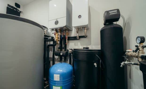 Modern boiler room with a water softener in the house.