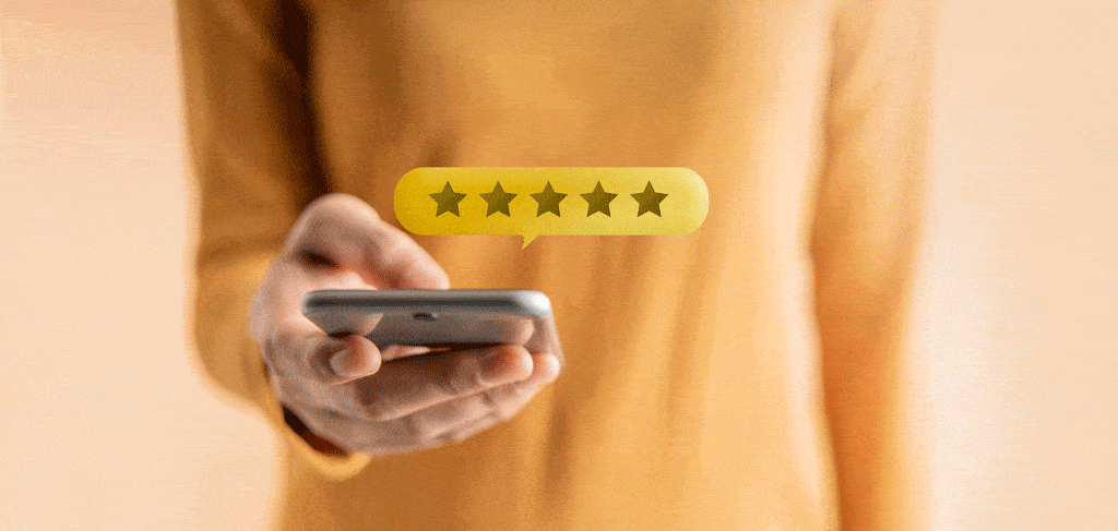 lady leaving 5 star review on cell phone | drain cleaning service plano tx dallas tx
