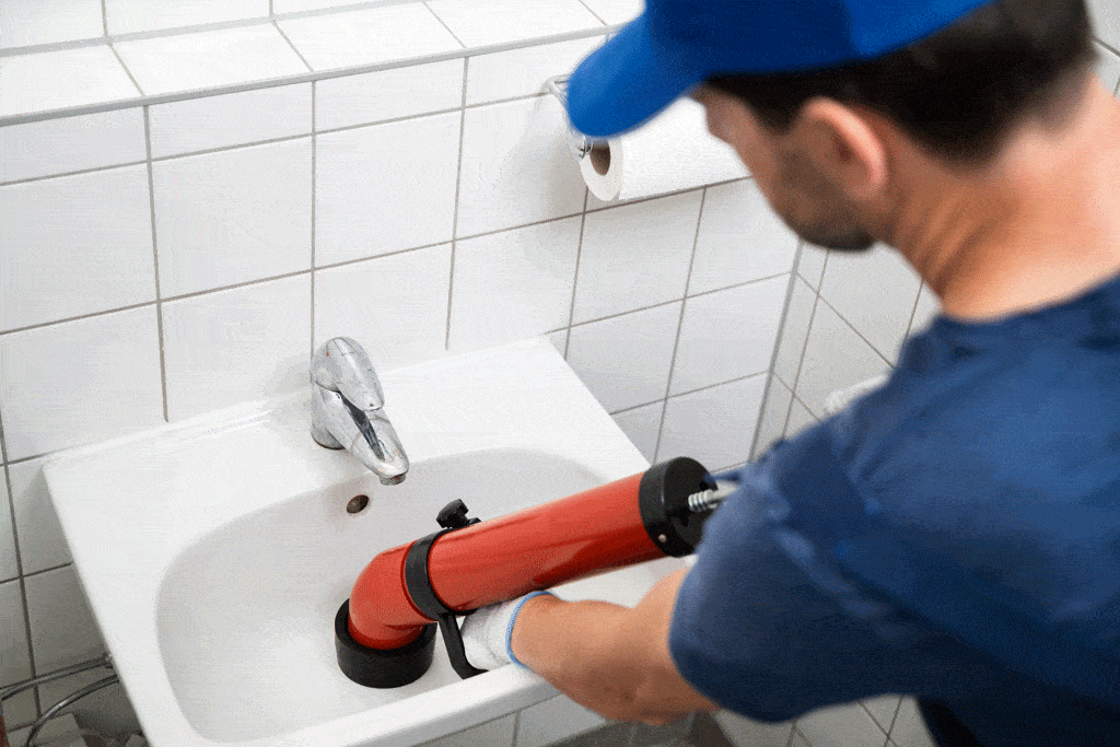 plumber using device to unclog bathroom sink | drain cleaning service plano tx dallas tx