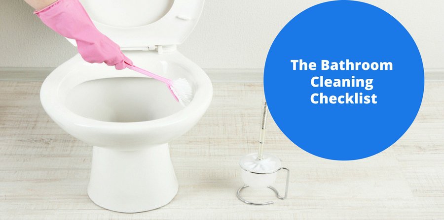 Gloved hand using toilet wand to scrub toilet in white bathroom. "The Bathroom Cleaning Checklist"