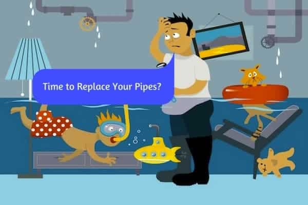 Cartoon of man frustrated with burst pipes. Kid swimming in flooded room.