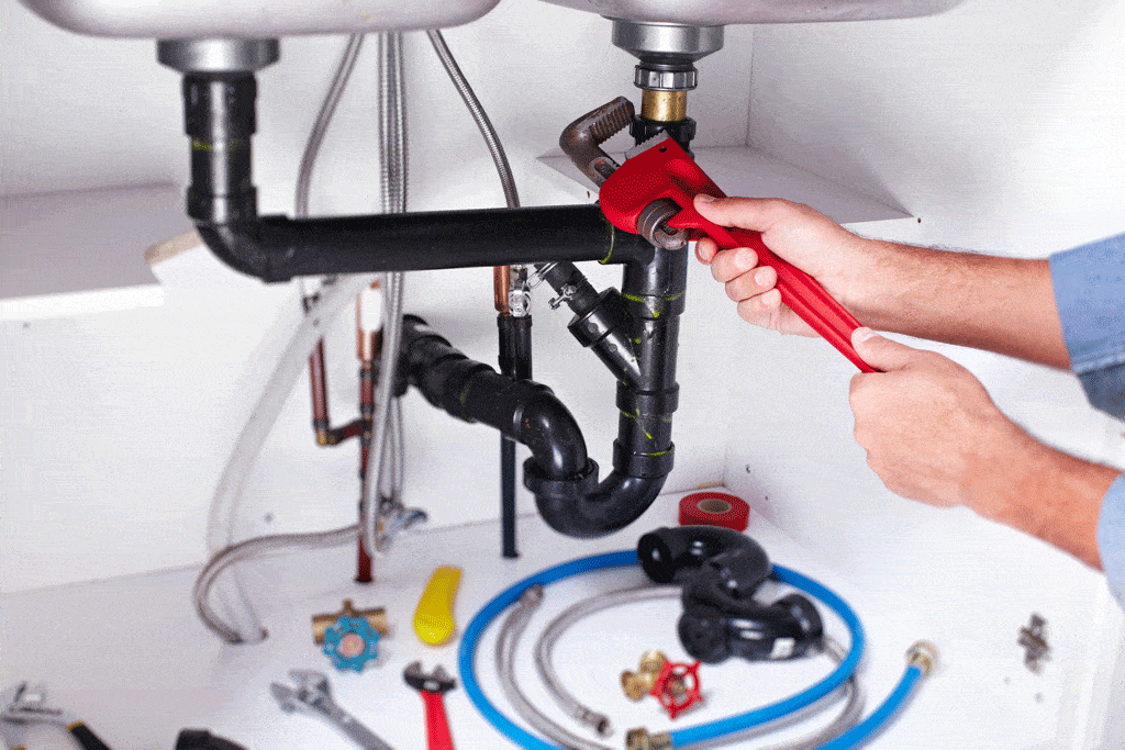 plumber using tools to fix under sink kitchen plumbing upgrades carrollton tx dallas tx