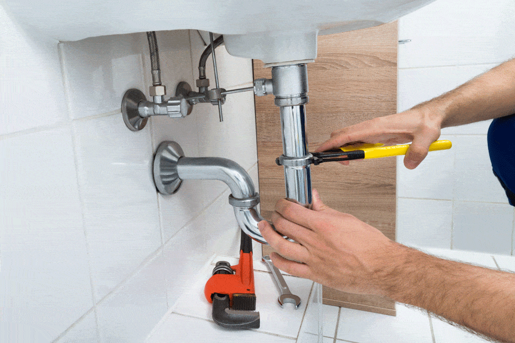 plumber using wrench to fix sink pipe water softner installation plano tx frisco tx dallas tx