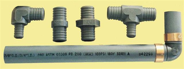 Examples of polybutylene pipes and fittings.