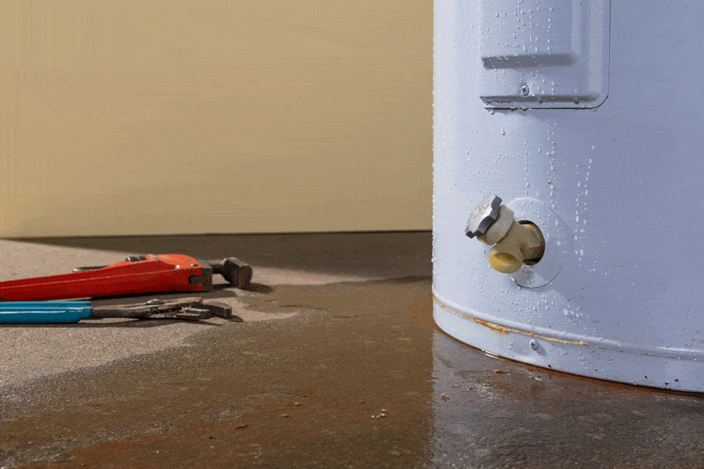 water heater leaking on floor with plumbing tools | water heater repair dallas tx frisco tx